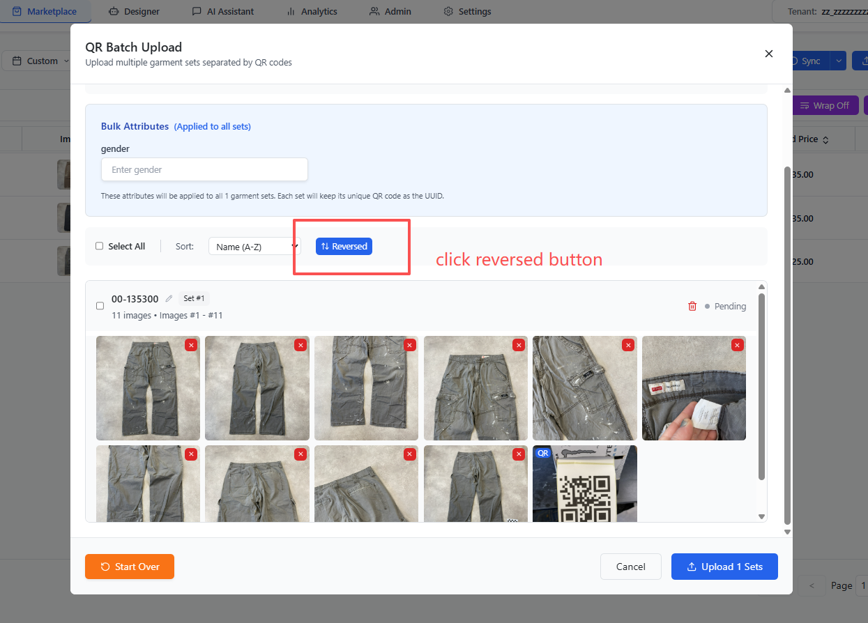 After clicking Reverse — correct number of sets detected