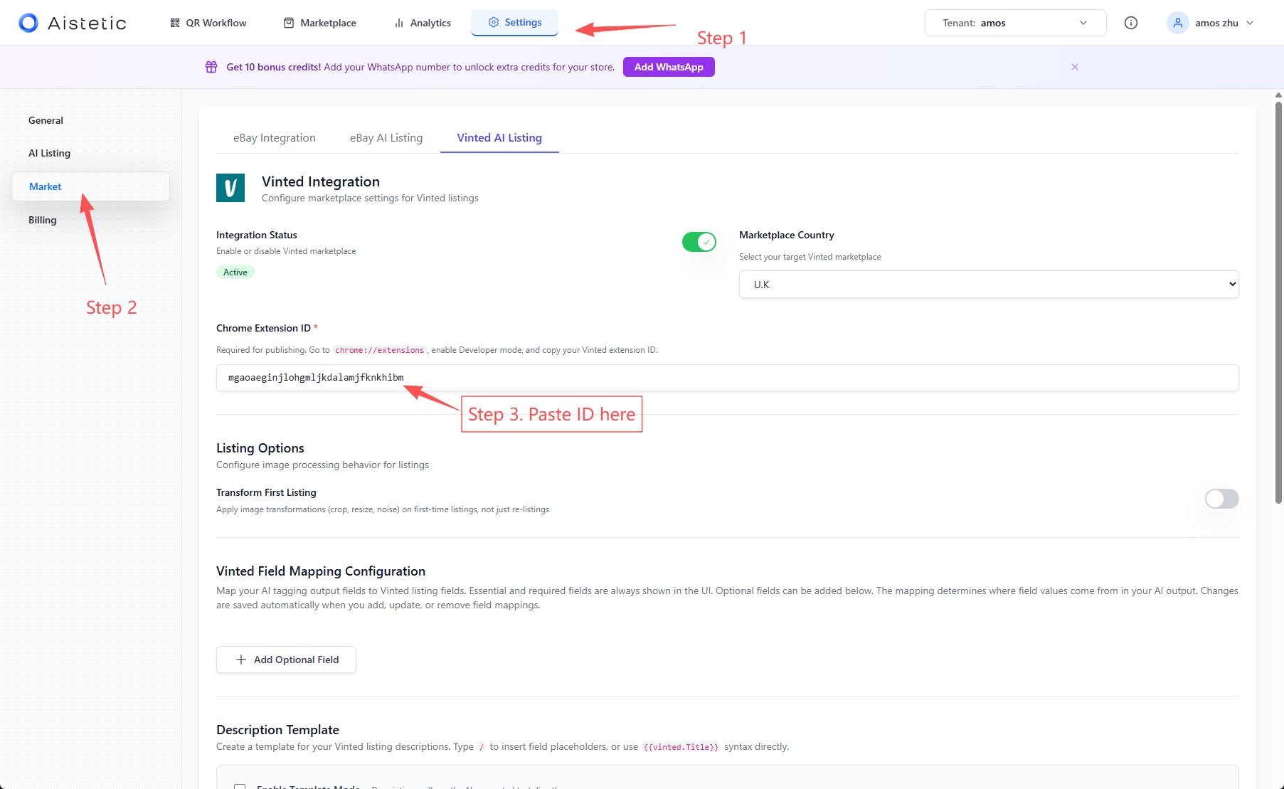 Paste Extension ID in Aistetic Dashboard