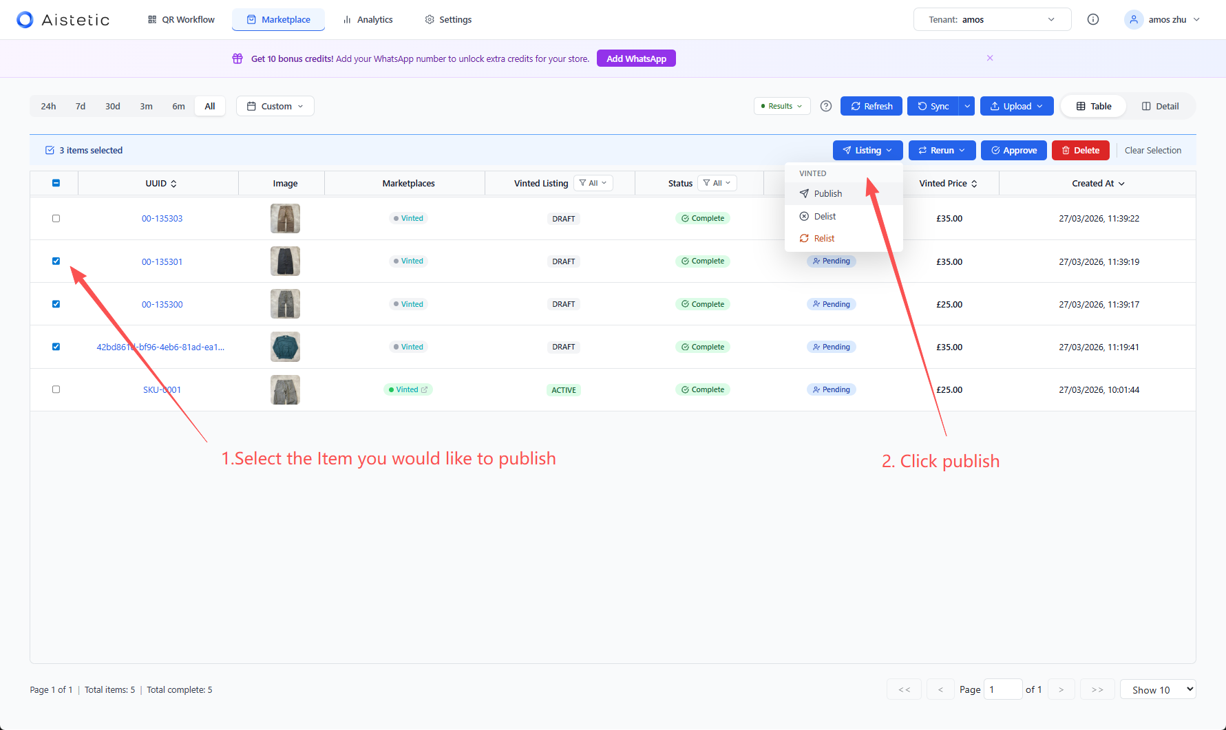 Select Items and Publish